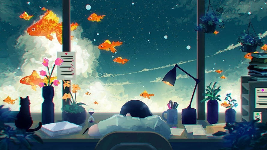 Dreamy Anime Girl Sleeping at Desk with Goldfish in Sky HD wallpaper