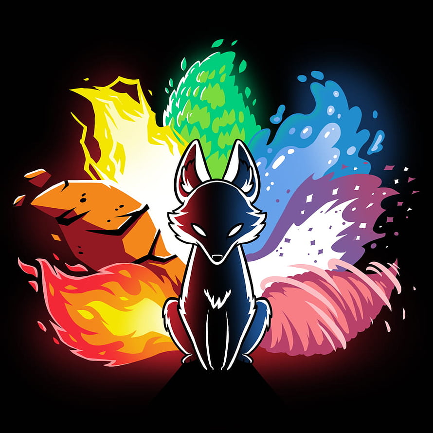 Elemental Kitsune Fox with Fire, Water, and Nature Energy Burst on Black Background HD phone wallpaper
