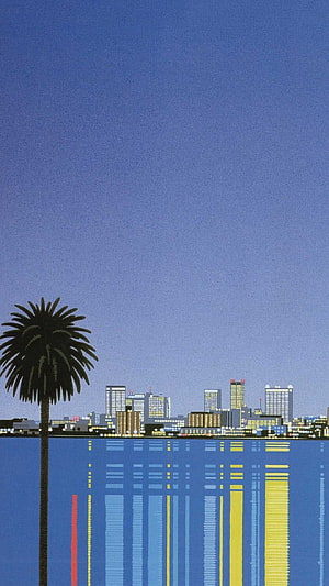 Vaporwave Aesthetic Cityscape With Palm Tree And Neon Reflections HD phone wallpaper