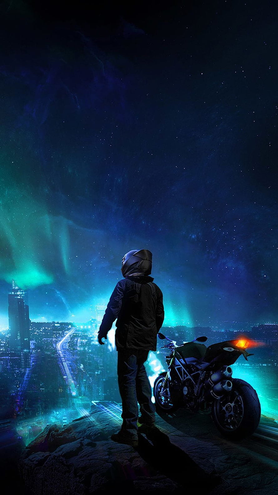 Biker on a cliff overlooking a neon city under the aurora borealis at night HD phone wallpaper