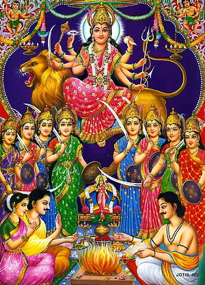 Nav Durga Nine Forms of Goddess Durga with Lion and Devotees in Traditional Indian Art HD phone wallpaper