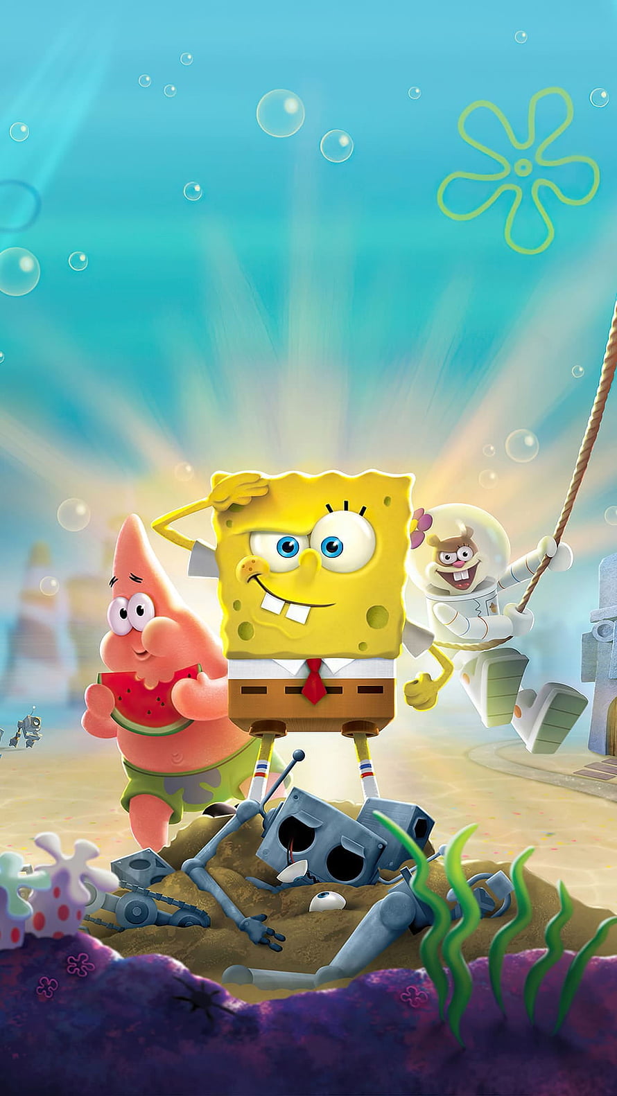 SpongeBob SquarePants, Patrick Star, and Sandy Cheeks in a 3D underwater scene with a broken robot HD phone wallpaper