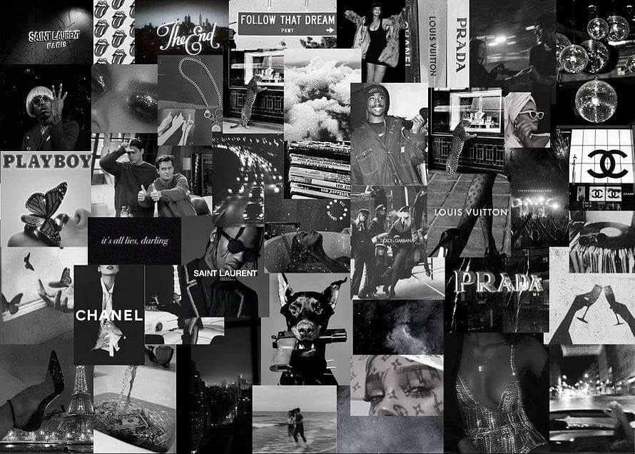 Black and White Luxury Aesthetic Collage Featuring Chanel Prada Louis Vuitton and Saint Laurent HD wallpaper