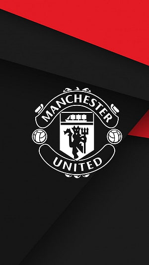 Manchester United Club Crest on Black and Red Geometric Background HD phone wallpaper
