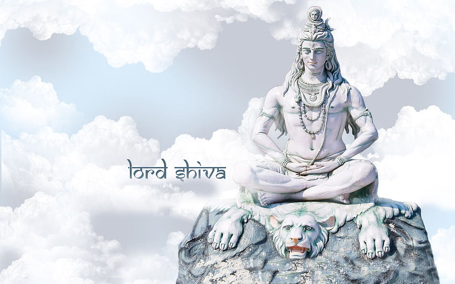 Serene Lord Shiva Statue Meditating on a Rock with a White Tiger in Clouds HD wallpaper
