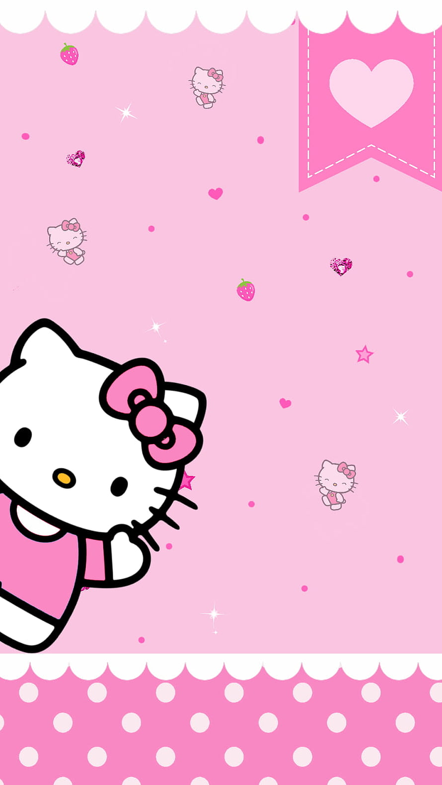 Cute Hello Kitty Pink Background with Hearts, Strawberries, and Polka Dots HD phone wallpaper
