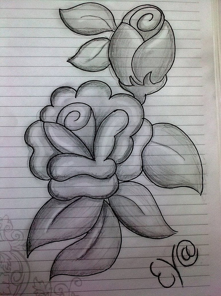 Hand-drawn pencil sketch of a rose and bud on lined notebook paper HD phone wallpaper