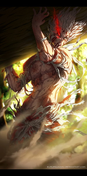 Garou in a Frenzied Battle Stance with Blood and Energy HD phone wallpaper
