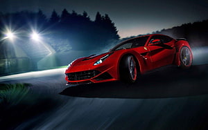 Red Ferrari 488 GTB Super Car Speeding on a Dark Night Road with Motion Blur and Headlights HD wallpaper