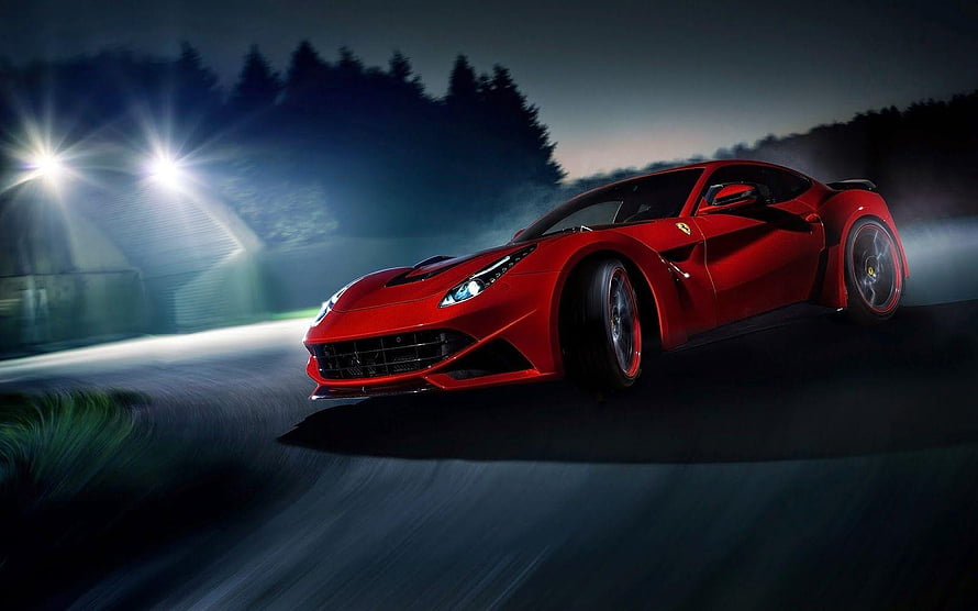 Red Ferrari 488 GTB Super Car Speeding on a Dark Night Road with Motion Blur and Headlights HD wallpaper