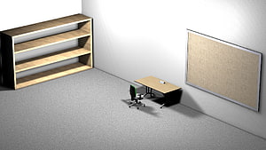 Minimalist Office Room Render With Desk, Chair, Shelving Unit, and Cork Board HD wallpaper