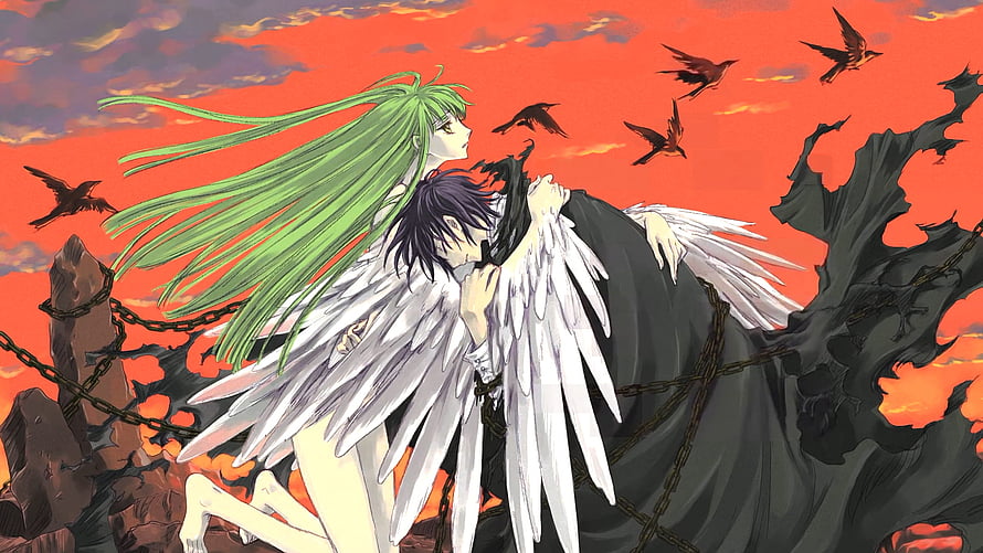 Code Geass C.C. and Lelouch vowing together against a fiery crimson sky HD wallpaper