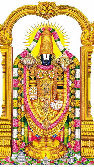 Lord Venkateswara Swamy Golden Idol with Flower Garland and Temple Arch HD phone wallpaper