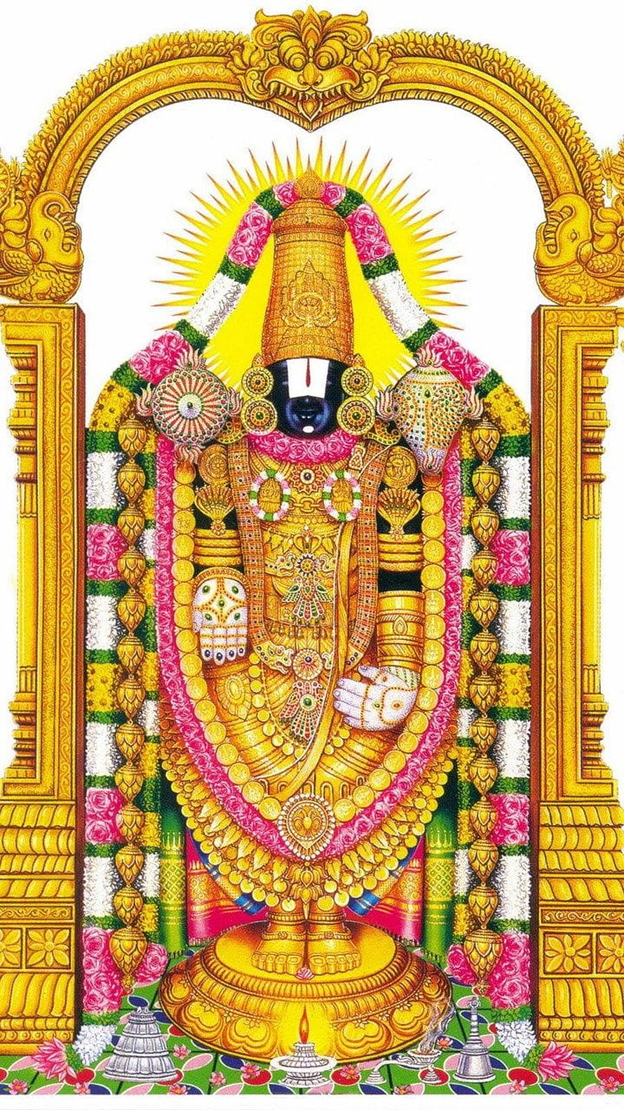Lord Venkateswara Swamy Golden Idol with Flower Garland and Temple Arch HD phone wallpaper