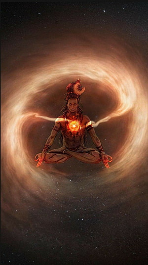 Lord Shiva Meditating in Cosmic Galaxy with Glowing Third Eye and Celestial Aura HD phone wallpaper