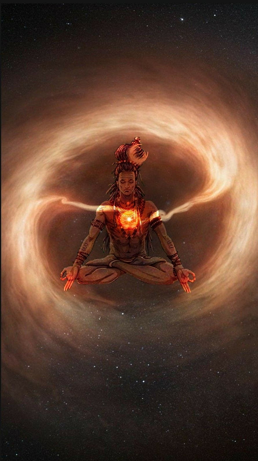 Lord Shiva Meditating in Cosmic Galaxy with Glowing Third Eye and Celestial Aura HD phone wallpaper