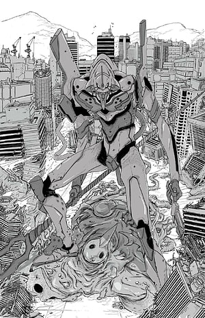 Neon Genesis Evangelion manga panel featuring a giant mecha standing over a defeated monster in a ruined city HD phone wallpaper