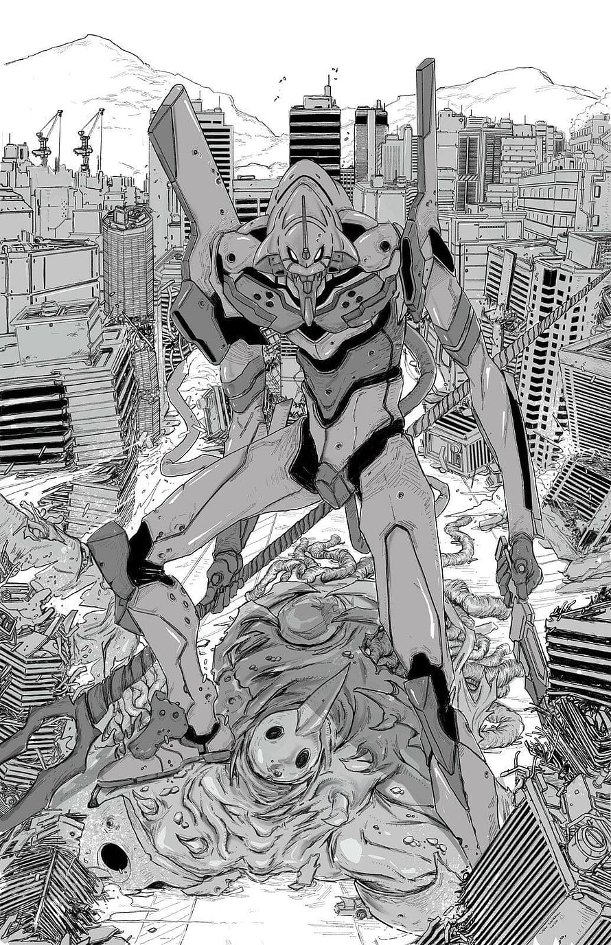 Neon Genesis Evangelion manga panel featuring a giant mecha standing over a defeated monster in a ruined city HD phone wallpaper