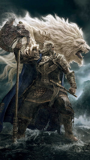 Elden Ring warrior with ornate axe and white lion companion in dark fantasy landscape HD phone wallpaper