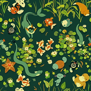 Grass Type Pokemon Pond Pattern with Water Creatures and Lush Green Foliage HD phone wallpaper