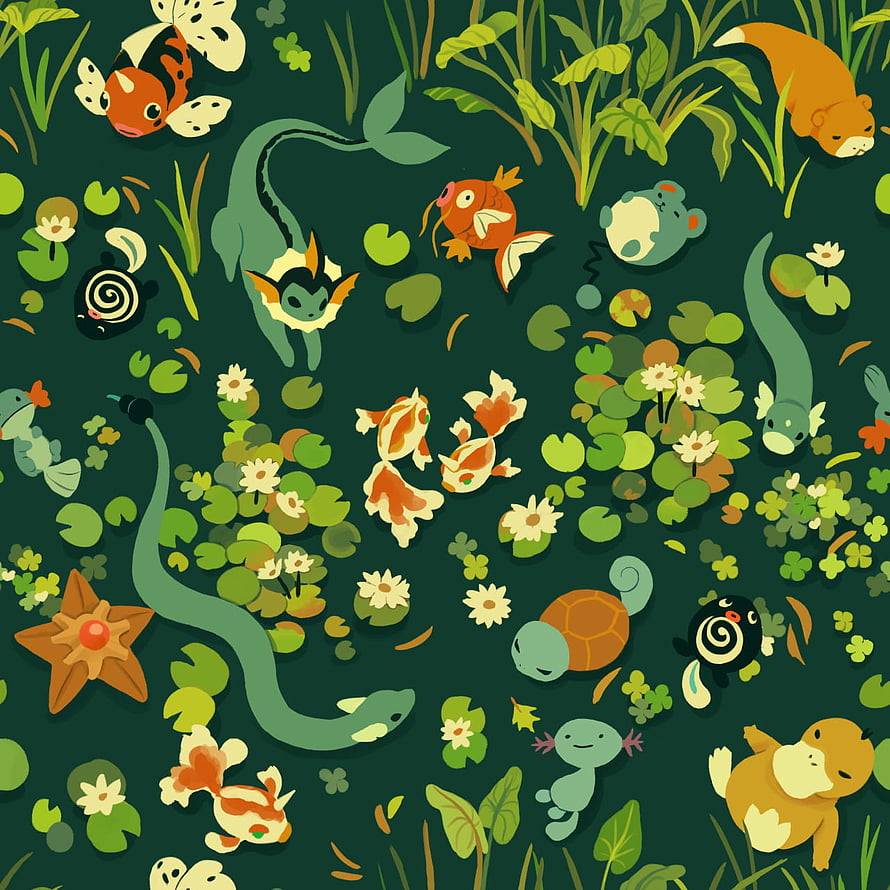 Grass Type Pokemon Pond Pattern with Water Creatures and Lush Green Foliage HD phone wallpaper