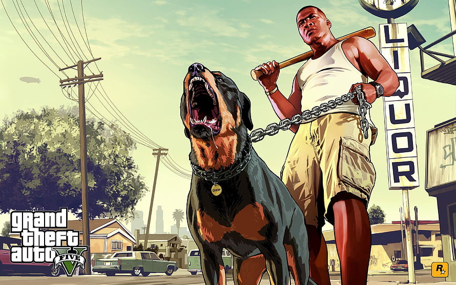 Grand Theft Auto V promotional art featuring Franklin and his dog Chop in a stylized comic book illustration HD wallpaper
