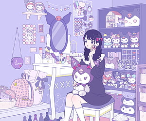 Anime Girl Applying Makeup in a Purple Room Filled with Kuromi Plushies and Sanrio Merchandise HD wallpaper