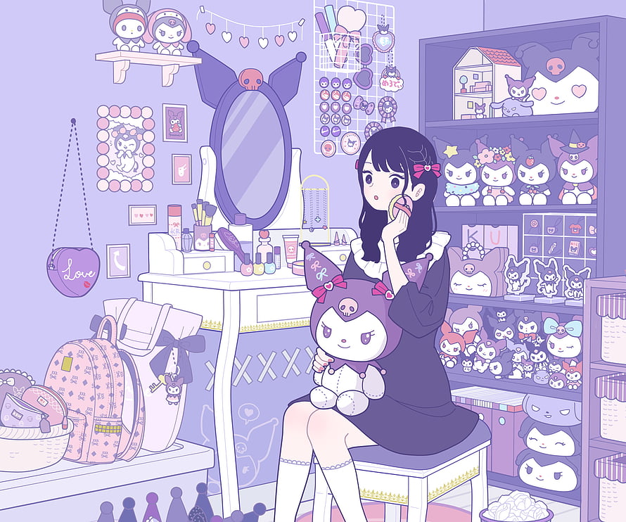 Anime Girl Applying Makeup in a Purple Room Filled with Kuromi Plushies and Sanrio Merchandise HD wallpaper