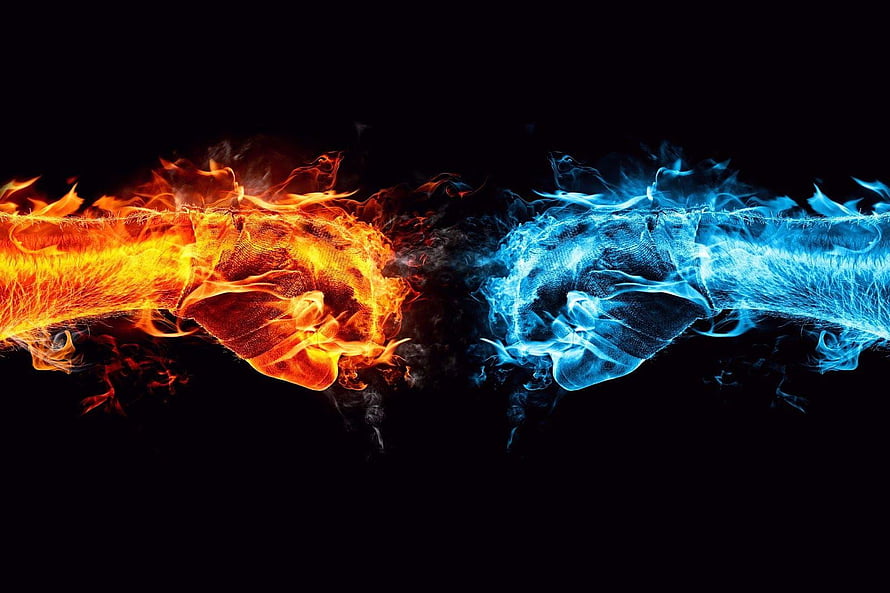 Fire and Ice Elemental Fist Clash Abstract Digital Art Wallpaper HD wallpaper