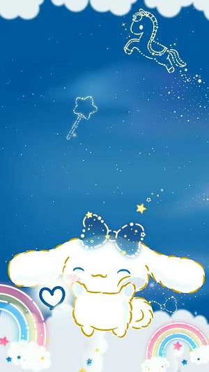 Cinnamoroll Dreaming Under a Starry Night Sky with Constellations and Rainbows HD phone wallpaper