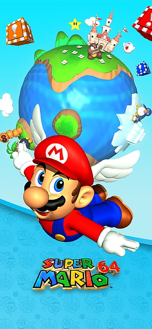 Super Mario 64 Winged Mario Flying Over Miniature World with Question Blocks and Castle HD phone wallpaper