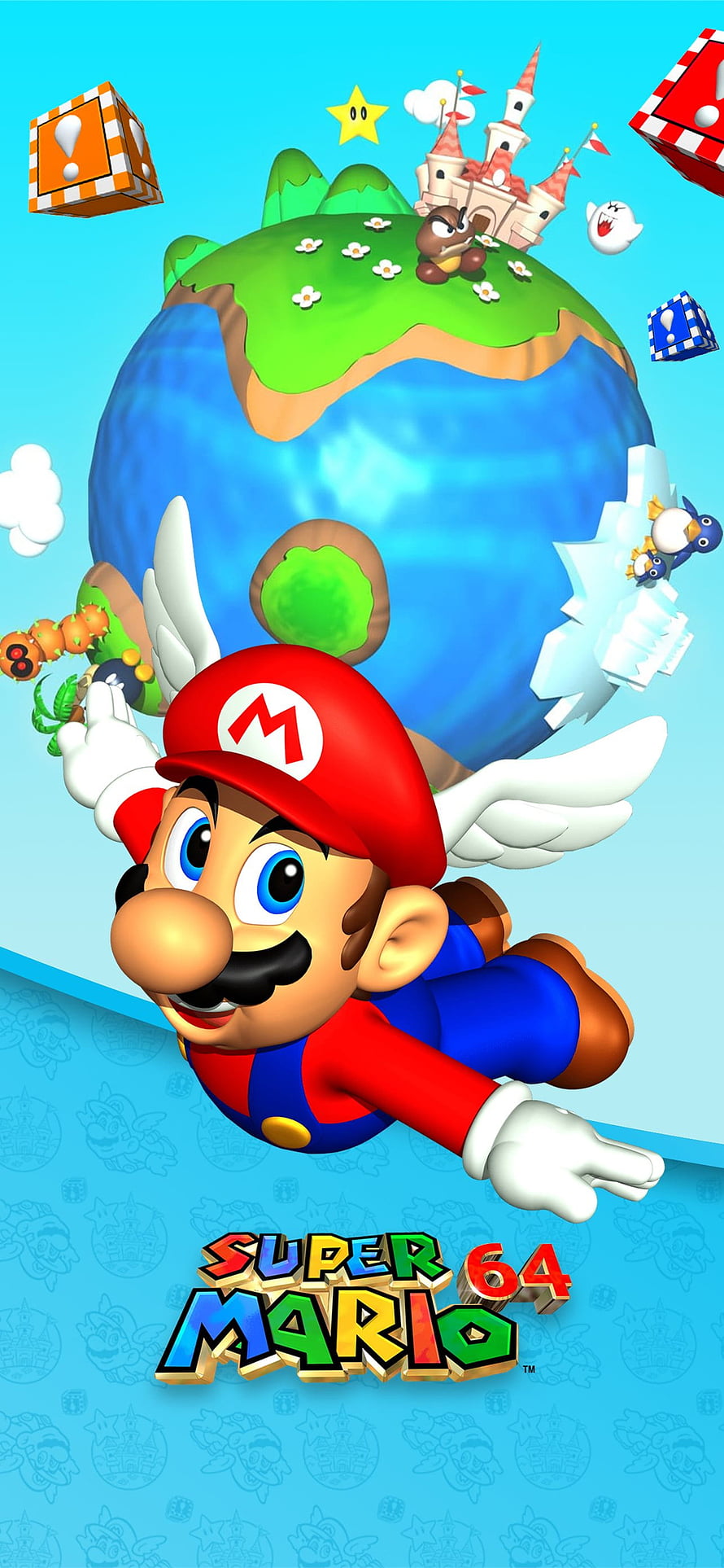 Super Mario 64 Winged Mario Flying Over Miniature World with Question Blocks and Castle HD phone wallpaper