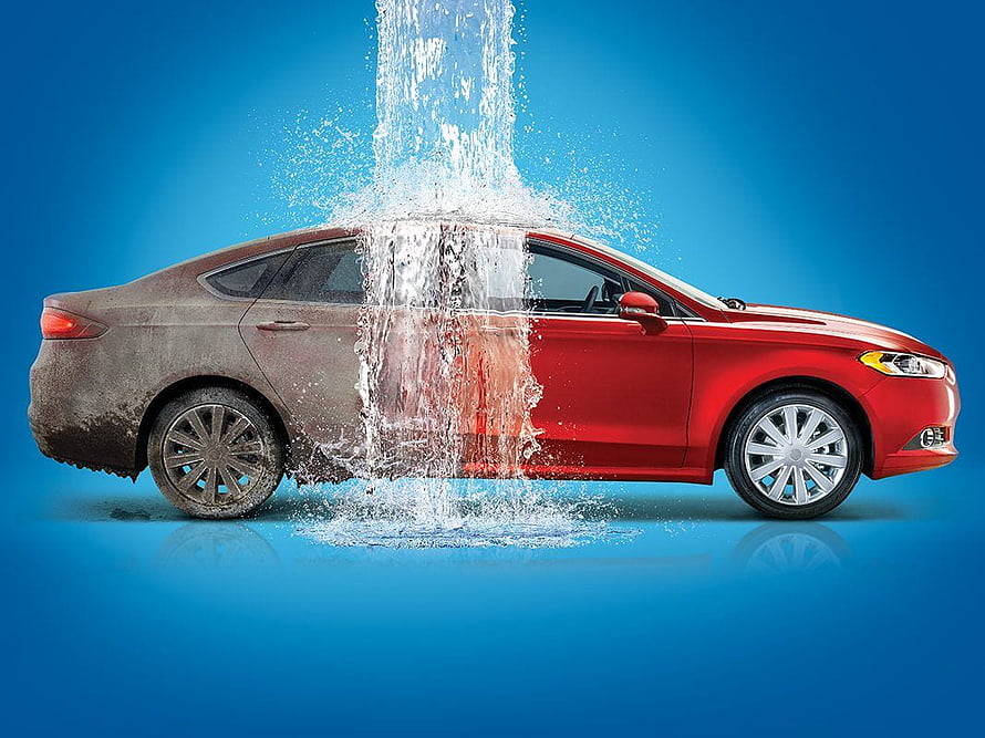Red Sedan Car Wash Transformation With Water Splash Effect HD wallpaper