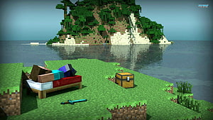 Minecraft character sleeping on a bed near a chest and diamond sword on a grassy island HD wallpaper