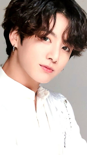 Jungkook of BTS in a White Shirt with Soft Curly Hair and Silver Earrings HD phone wallpaper