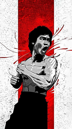 Bruce Lee Kung Fu Martial Artist Illustration with Red and Black Ink Style HD phone wallpaper