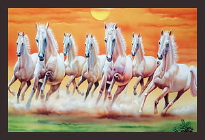 Seven White Horses Galloping at Sunset Vastu Painting HD wallpaper