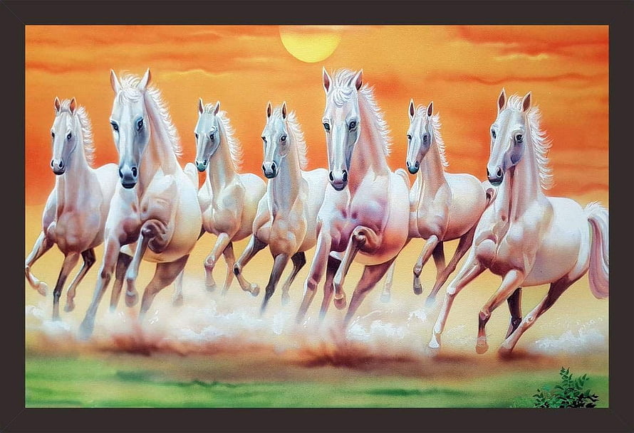 Seven White Horses Galloping at Sunset Vastu Painting HD wallpaper