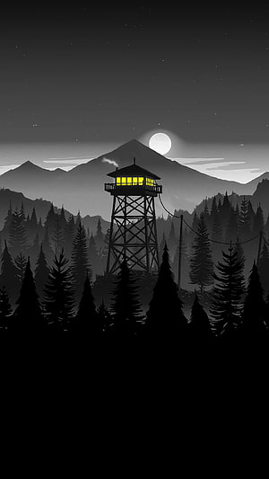 Firewatch Watchtower at Night with Full Moon and Pine Forest Silhouette HD phone wallpaper