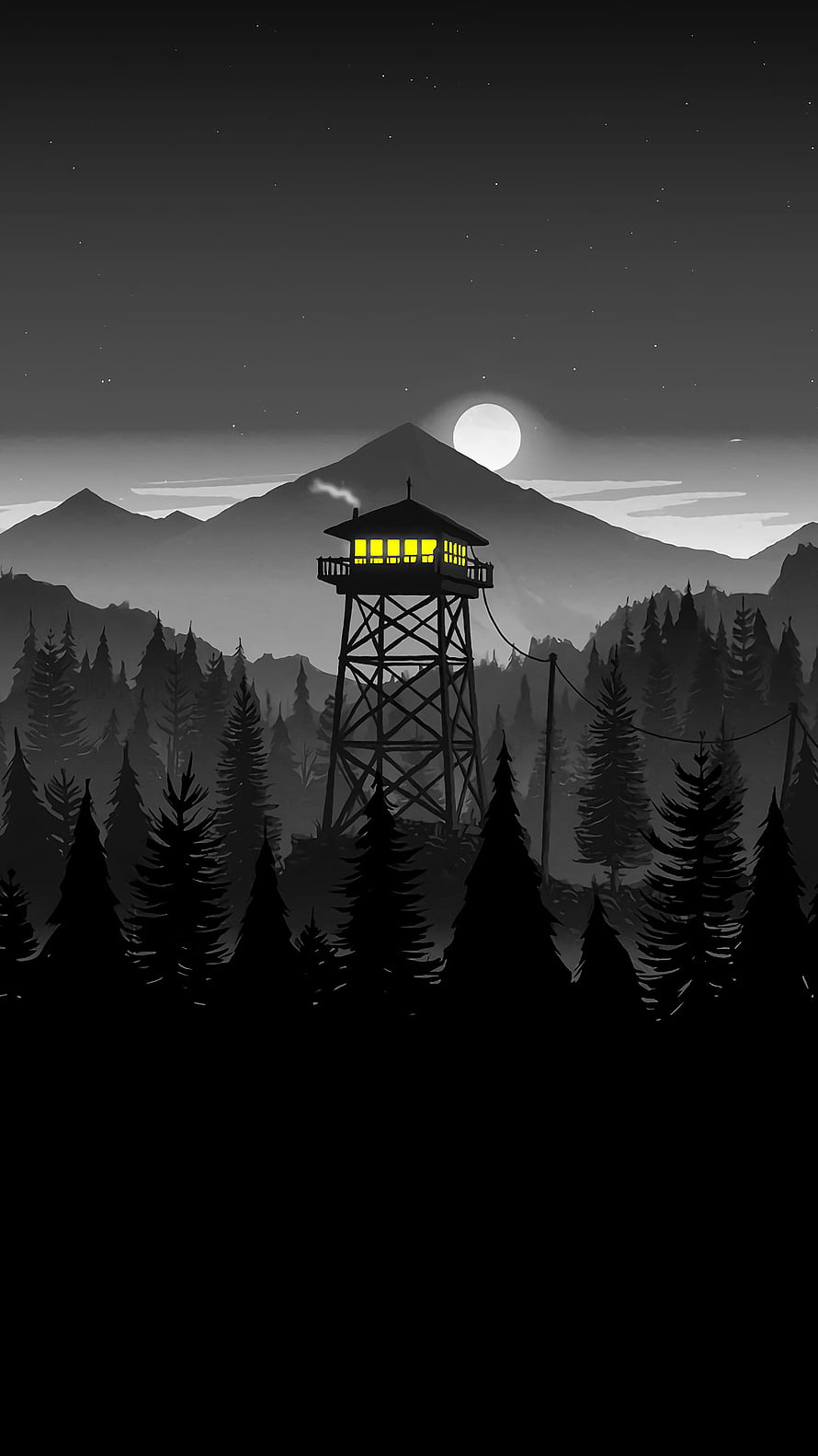 Firewatch Watchtower at Night with Full Moon and Pine Forest Silhouette HD phone wallpaper
