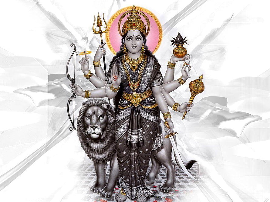 Goddess Durga with Lion and Weapons Hindu Mythology Art HD wallpaper