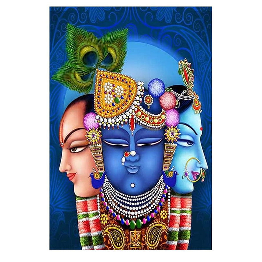 Blue Lord Krishna with Radha and Sita Peacock Feather Crown Indian Deity Art HD phone wallpaper