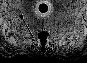 Guts from Berserk manga standing in a sea of faces with the Dragon Slayer sword and eclipse in background, Berserk Manga Panel, #manga panel HD wallpaper