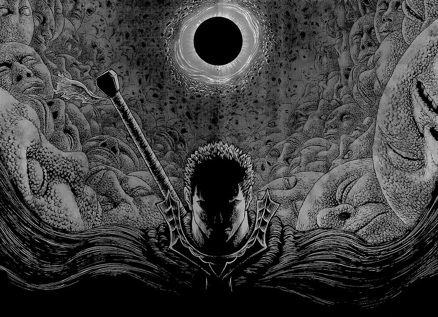 Guts from Berserk manga standing in a sea of faces with the Dragon Slayer sword and eclipse in background, Berserk Manga Panel, #manga panel HD wallpaper