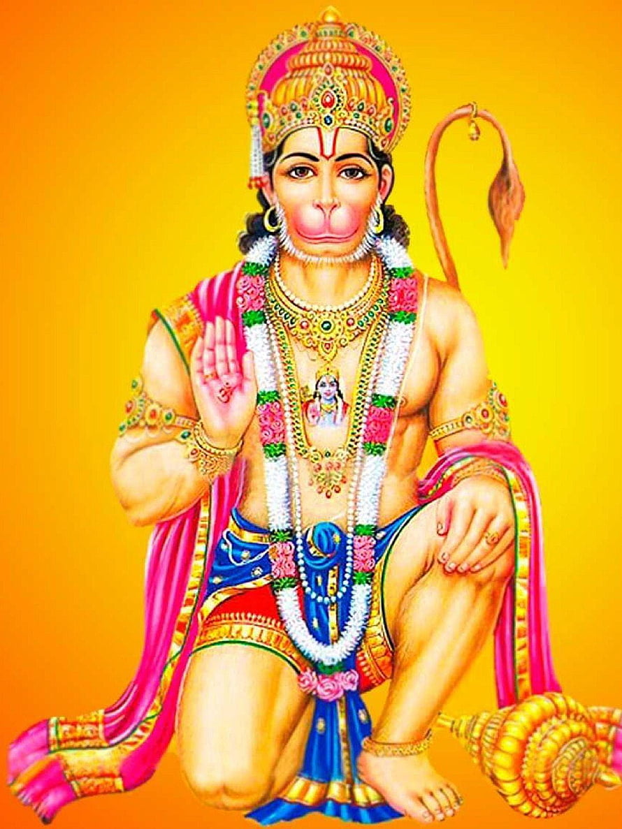 Lord Hanuman Kneeling in Prayer with Golden Mace and Flower Garlands, Lord Hanuman Best Mobile Backgrounds New, hanuman ji full mobile HD phone wallpaper