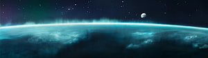 Vast Aurora Borealis Over a Cloudy Planet with a Distant Moon in Deep Space HD wallpaper