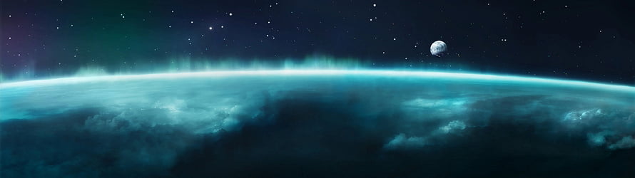 Vast Aurora Borealis Over a Cloudy Planet with a Distant Moon in Deep Space HD wallpaper