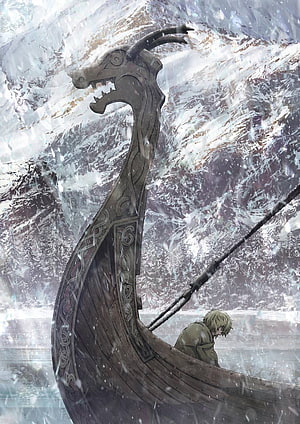 Vinland Saga Viking Longship in Snowy Mountains with Lone Sailor HD phone wallpaper