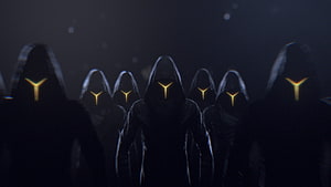 Mysterious Hooded Figures with Glowing Y-Shaped Emblems in Dark Atmosphere HD wallpaper