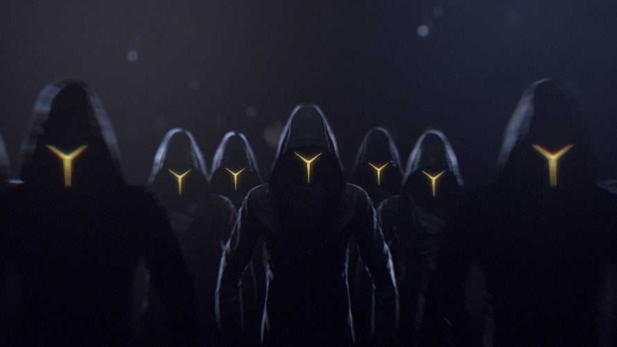 Mysterious Hooded Figures with Glowing Y-Shaped Emblems in Dark Atmosphere HD wallpaper